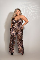 Two Piece Leopard Print Satin & Lace Cami And Pant Set - STM11299X by Seven Til Midnight